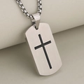 Men's stainless steel dog tag necklace with black cross and brushed metal finish - Steel