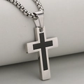 Silver stainless steel cross necklace with black inlay and silver box chain - Silver + Black (Pendant Only (Without Chain))