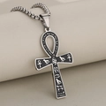 Hip hop stainless steel Ankh cross necklace with black enamel and Egyptian hieroglyphs - Silver + Black (Pendant Only)
