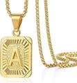 Pendaglio quadrato lettera A fronte-retro in acciaio placcato oro 18K con catena box - Stile A (Solo Ciondolo (Senza Catena)) / Oro