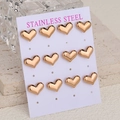 Set de seis pares de pendientes de botón corazón 3D en acero inoxidable oro rosa - Rosa oro