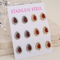Double-layer stainless steel teardrop stud earrings set with red crystals and zircons - Red Silver And Gold Tone