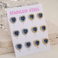 Lot de 6 paires de boucles d'oreilles cœur en acier avec pierres bleues et cristaux - Base Argent et Or Pierre Bleue
