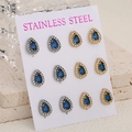 Set of 6 pairs of teardrop stainless steel earrings with blue stones and crystals - Blue Silver And Gold Tone