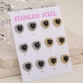 Lot de 6 paires de boucles d'oreilles cœur en acier inoxydable avec pierres noires - Base Argent et Or Pierre Noire