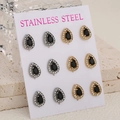6 Pairs of teardrop double-layered crystal earrings in gold and silver stainless steel - Black Silver And Gold Tone