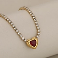 Luxus Gold Tenniskette mit rotem Herz-Edelstein und weißen funkelnden Kristallen - Gold Roter Stein