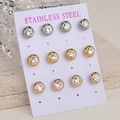 Classic round stainless steel stud earring set with single clear crystals in 6 pairs - Silver + Gold + Rose Gold