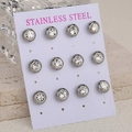 Set of 6 pairs of polished stainless steel stud earrings with round clear crystals - Silver