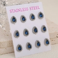 Set of 6 pairs of blue teardrop stud earrings in stainless steel with crystal halo - Silver Blue Style