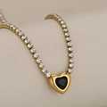 Collier tennis doré avec cristaux clairs et pendentif cœur noir minimaliste - Or Pierre Noire