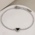 Pulsera tenis de corazón en acero inoxidable plateado con cristal negro y piedras blancas - Plata Ónix Negro