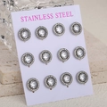 Lot de six paires de boucles d'oreilles rondes en acier inoxydable argenté avec zircon - Base Argent Pierre Blanche