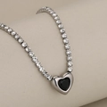 Collier en cristal argenté avec un luxueux pendentif en pierre précieuse noire en cœur - Argent Onyx Noir