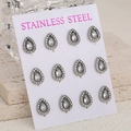 Five pairs of silver stainless steel teardrop stud earrings with halo cubic zirconia stones - Silver & White Style