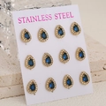 Golden stainless steel teardrop earrings set with deep blue crystals and white zircons - Gold Blue Style
