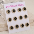 Lot de 6 paires de clous d'oreilles en acier doré avec cristaux noirs et halo brillant - Base Dorée Pierre Noire
