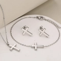 Poliertes Edelstahl Kreuz Schmuckset bestehend aus Halskette, Armband und Ohrsteckern - Silber Set / Silber