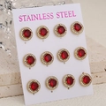 Lot de six paires de boucles d'oreilles en acier inoxydable doré avec cristaux rouges - Base Dorée Pierre Rouge