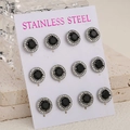 Lot de 6 paires de puces d'oreilles en acier inoxydable avec pierres noires et halos - Base Argent Pierre Noire