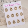 Set of six pairs of gold double-layered water-drop rhinestone stud earrings on a display card - Gold White Style