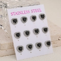 Set di 6 paia di orecchini a cuore in acciaio inossidabile con pietra nera e pavé - Argento Nero
