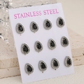 Set of 6 pairs of teardrop-shaped stainless steel stud earrings with black stones - Silver Black Style