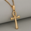 Polished gold stainless steel Egyptian Ankh cross pendant on a rope chain necklace - Gold Pendant Only (Without Chain)