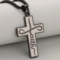 Punk style stainless steel cross necklace with Faith engraving and black bead chain - Black And Silver (Pendant Only)