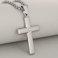Polished stainless steel cross pendant with round cubic zirconia on a thick box chain - Pendant Only (Without Chain) / Silver