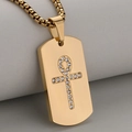 Gold stainless steel dog tag necklace featuring a crystal Ankh cross and box chain - Gold (Pendant Only)