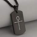 Brushed black stainless steel dog tag necklace with crystal Ankh symbol for men - Black (Pendant Only)