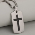 Men's stainless steel cross tag necklace with black carbon fiber inlay on a box chain - Silver (Pendant Only)