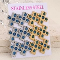 Set di 12 orecchini a croce in acciaio inossidabile con cristalli blu in oro e argento - Base Argento e Oro Pietra Blu