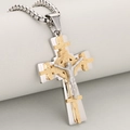 Drielaagse roestvrijstalen kruishanger met gouden Jezus-reliëf en stevige metalen ketting - Zilver-Goud (Alleen hanger (zonder ketting))