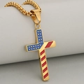 Polished gold stainless steel cross necklace featuring American flag stars and stripes design - Enamel Style-Pendant Only (Without Chain) / Gold
