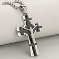 Drielaagse roestvrijstalen kruishanger met zilveren en zwarte crucifix-details - Zilver-Zwart (Alleen hanger (zonder ketting))