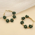 Elegant gold hoop earrings featuring dark green handcrafted crystal beads floral details - Dark Green