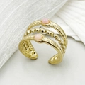Bague triple couche en acier inoxydable doré 18 carats avec pierres roses naturelles - Rose