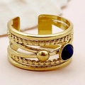 Détail de la bague multicouche plaquée or avec une pierre précieuse bleue et perle - Style Lignes Croisées Texture Perles (R0325-02-blue) / Bleu