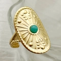 Bague vintage plaquée or avec pierre turquoise et gravure soleil style bohème - Vert (R0205-02-green)