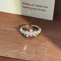 Detailed view of an open ring featuring a pink heart gemstone and crown-shaped silver band - Pink Heart Crown Style (JZ1196A) / Silver