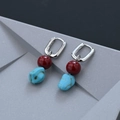 Ethnic earrings featuring red agate beads and irregular turquoise charms on silver hoops - Red Agate Faux Turquoise Style (EH0178)
