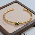 Gold plated open bangle with green zircon stone and vintage textured X-pattern engraving - Rhombus Pattern Green Zirconia Style (SL0552) / Gold