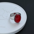 Elegant adjustable silver ring with oval synthetic red agate on a Virgo display stand - Red Oval Style (JZ0273)