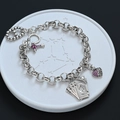 Silver link bracelet with poker card pendants, pink heart and cross on celestial plate - Playing Cards & Cross Style (SL0561)