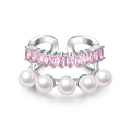 Elegante brazalete de oreja doble en plata con circonitas rosas y perlas blancas en blanco - Clip de Oreja de Doble Capa Perla Zirconia Rectangular Rosa (JZ0673)