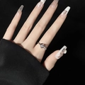 Detailed view of silver bear heart moonstone open ring with star charm on finger - Heart Cat's Eye Star Open Ring (JZ0830)