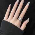 French style irregular silver lava open ring with large iridescent opal stone for women - Adjustable Open / Oval Moonstone Irregular Lava Texture (JZ0946)