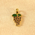 Detailed view of grape pendant with purple round crystals and green marquise leaves - Grape Purple Rhinestone Pendant
